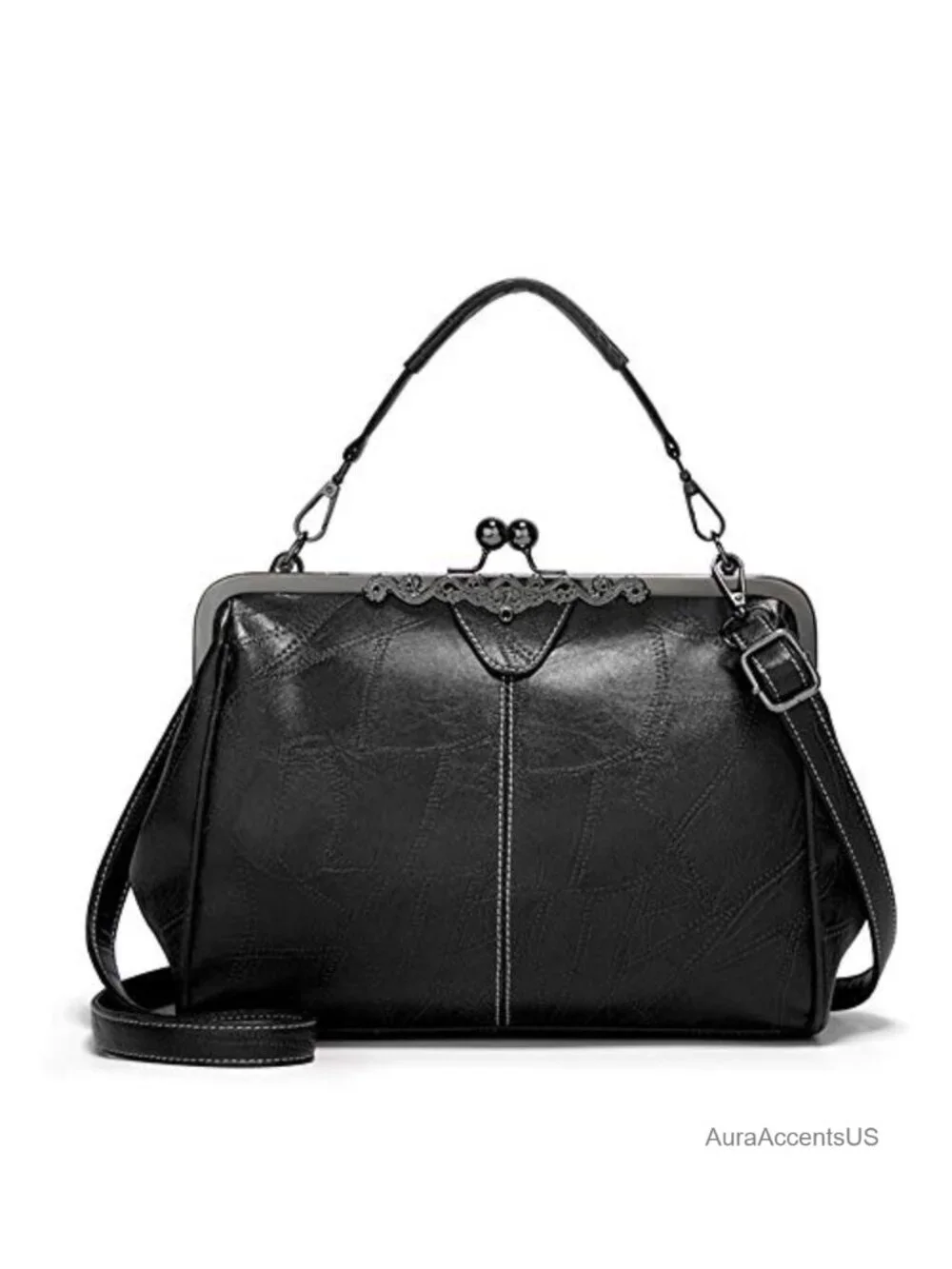 Women's Retro Faux Leather Top Handle Crossbody Bag Kiss Lock